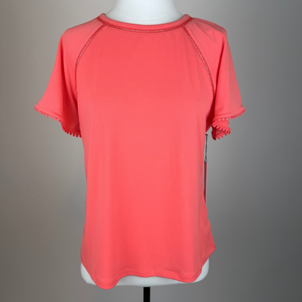 NWT Liz Claiborne Porcelain Rose Pom Pom Trim Raglan Sleeve Top Womens Sz Small